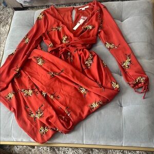 miami Red Floral Long-Sleeve Wrap Jumpsuit